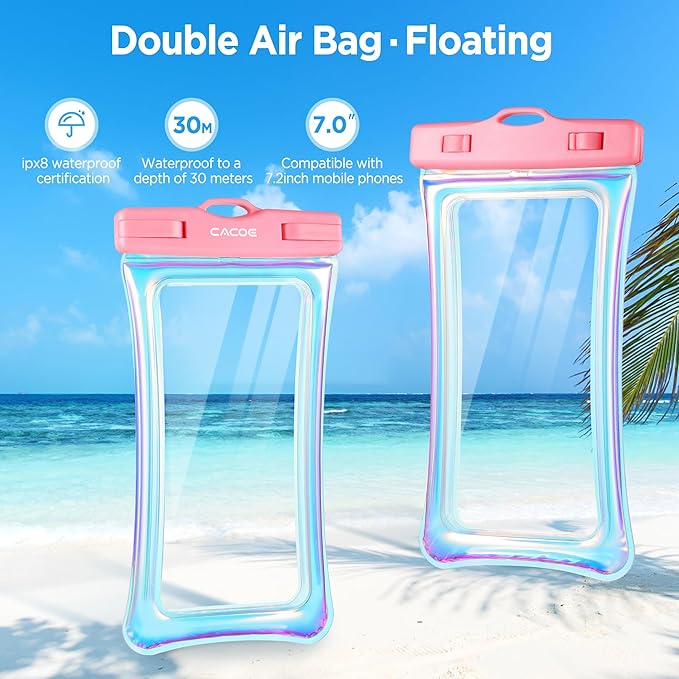 CACOE Universal Waterproof Phone Case 2 Pcs-Up to 7.0",Phone Pouch with Adjustable Neck Lanyard,IPX8 Cellphone Dry Bags for Beach Pool Swimming (Iridescence, Up to 7.0"-Floatable)