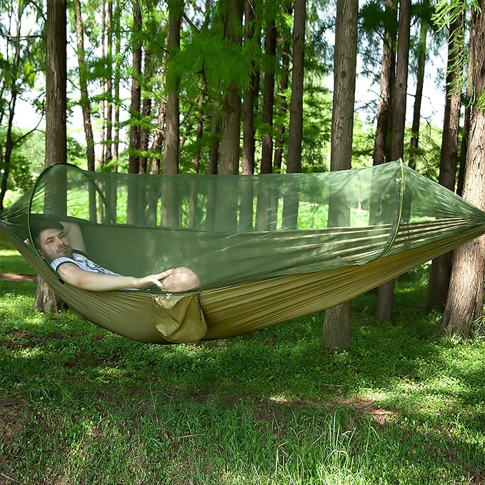 LFL Camping Hammock with Mosquito Net, Hammocks with Bug Net 13ft Tree Straps Carabiners, Automatic Quick Open Outdoor Portable Hammock with Net, Nylon Parachute Material Outside Hiking Gear (Green)