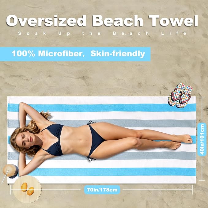 Jessy Home 4 Pack Striped Oversized Beach Towel Set, 40x70 Inch Microfiber Sandproof Quick Dry Super Soft Swim Towels, Absorbent Stylish Pool Towels, Swim Cover Up for Beach Vacation Travel