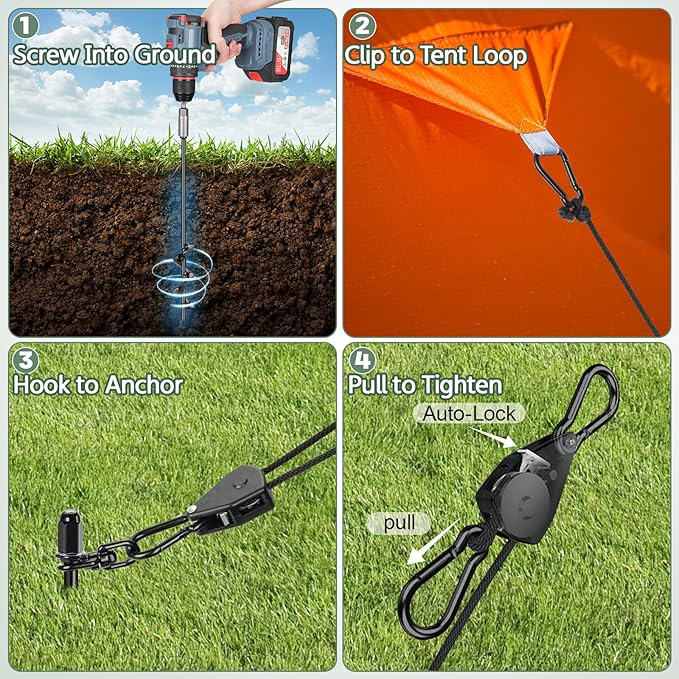 6 Pack Screw-in Tent Stakes, 17.7" Heavy Duty Spiral Ground Anchors (8mm Solid Steel, 1.5" Helix) w/ 6×8ft Ratchet Guy Lines, M12 Wrench & Bag for Camping Tents, Canopies, Tarps, Beach Sand