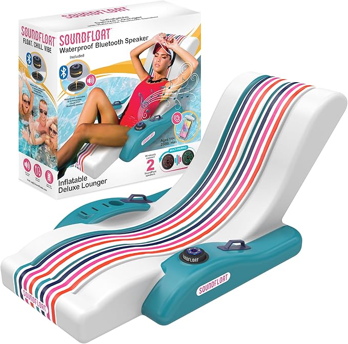 Inspired Living Inflatable Pool Lounger with Bluetooth IPX7 Waterproof Speaker, Cup Holder, Floating Pool Chair for Adults, Kids, Premium Pool Float for Pool Parties, Tanning, Backyard, 250lb Capacity