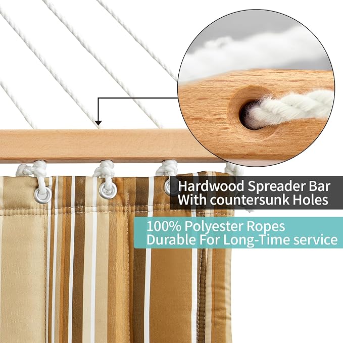 Double Quilted Fabric Hammock with Hardwood Spreader Bars and Pillow 450 LBS Capacity 2 Person Large Hammock for Outdoor Patio Backyard Poolside - Brown Stripe