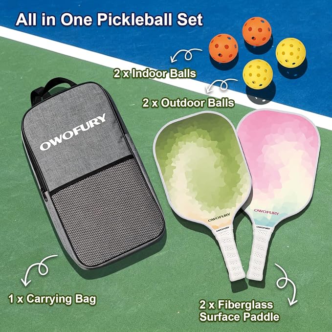 Fiberglass Pickleball Paddles Set of 2, Pickle Ball Racket Lightweight Honeycomb Core Control Paddle, with 4 Indoor Outdoor Balls and Bag for Men Women