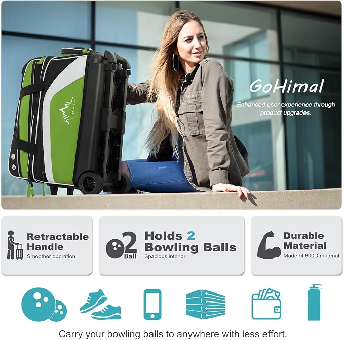 GoHimal Double Roller 2 Ball Bowling Bag with Separate Shoe Compartment for Bowling Shoes (Up To US Men Size 15) and Abundant multifunction Accessory Pocket, Upgraded fabric, Retractable Handle - Extends to 40"