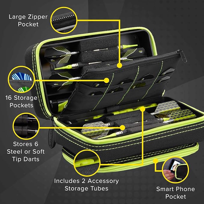 Casemaster Plazma Pro, 6 Dart Case for Soft and Steel Tip Darts, Features Large Front Mobile Device Pocket, Built-In Storage Tubes and Pockets for Flights, Tips, Shafts, and Personal Items