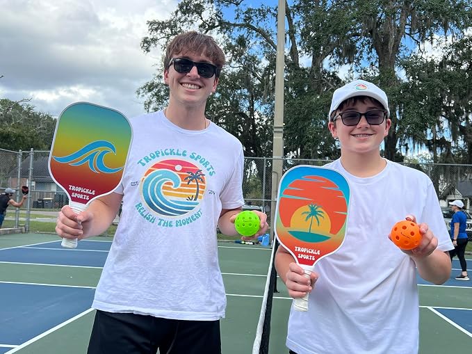 Tropical Pickleball Paddle Set - High Performance Lightweight and Durable Paddle Set of 2 with Carrying Case - 4 Pickleballs - Carbon Fiber Surface with Polypropylene Honeycomb Core