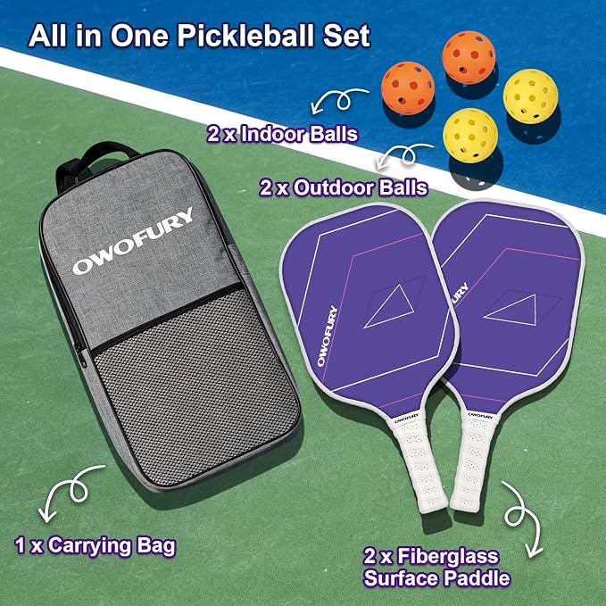 Fiberglass Pickleball Paddles Set of 2, Pickle Ball Racket Lightweight Honeycomb Core Control Paddle, with 4 Indoor Outdoor Balls and Bag for Men Women