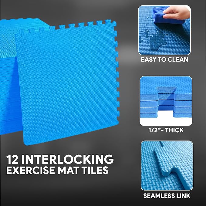 BalanceFrom Puzzle Exercise Mat 1/2" Thick, EVA Interlocking Foam Floor Tiles for Home Gym, Mat for Home Workout Equipment, Floor Padding for Kids, Blue, 24 in x 24 in x 1/2 in, 48 Sq Ft - 12 Tiles