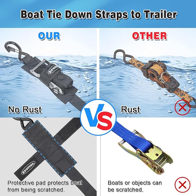 Boat tie Down Straps to Trailer 1.5"×4' transom Straps with Stainless Steel Ratchet Heavy Duty Adjustable Ratchet Straps for Boat Trailer 4400lbs Break Strength,Black 2 Pack