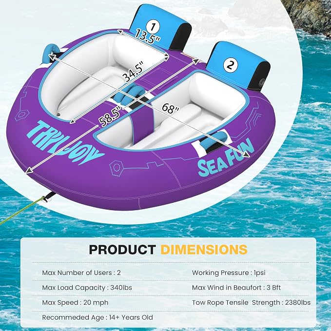 2-Person Towable Tubes for Boating with Towable Rope, Inflatable Cockpit Style Boat Tube for River and Lake，Beginner-Friendly | Towable Rope,Inflatable Cockpit Style,Boat Tube, for River and Lake,Beginner-Friendly