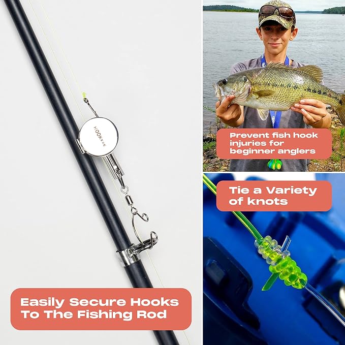HOOK-EZE Fishing Knot Tying Tool(Standar-Metal), Fishing Knot Tying Cards to 8 Essential Fishing Knots, Come with A Fly Fishing Zinger Retractor