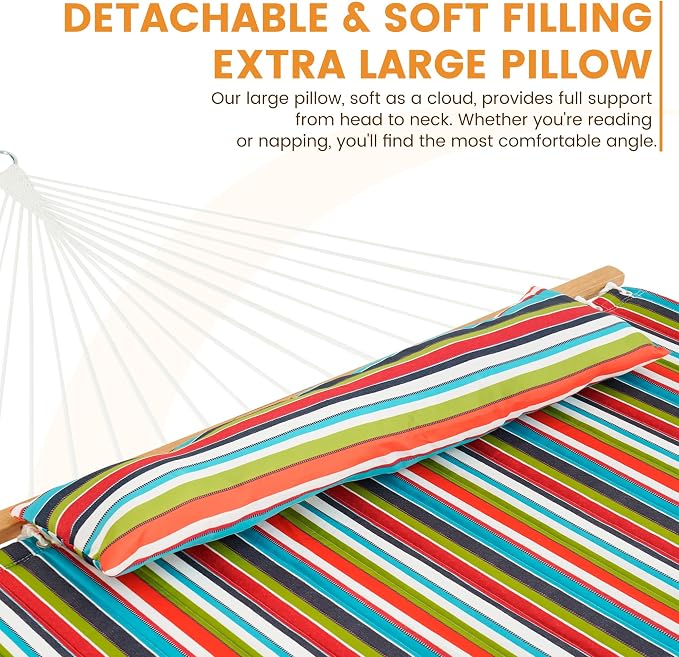 Lazy Daze Hammocks 12 FT Quilted Fabric Double Hammock with Spreader Bars and Detachable Pillow, 450lbs Weight Capacity, Bright Stripe
