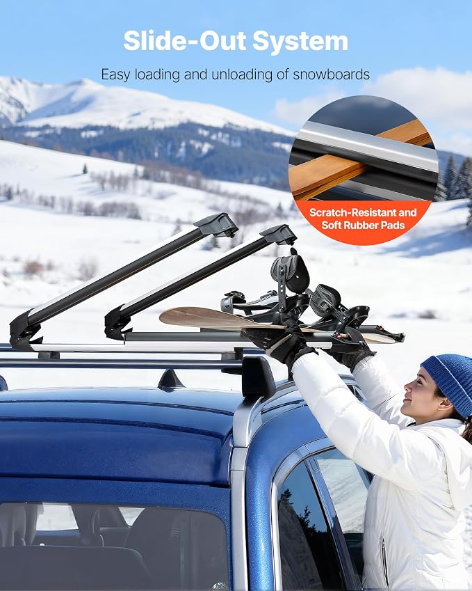 VEVOR Ski & Snowboard Roof Rack, Carry up to 4 Pairs of Skis or 2 Snowboards, 2 PCS Aluminum Universal Car Roof Rack Top Holder with Lock & Rubber Padding, Carrier for Fishing Rod, Fit Most Crossbars