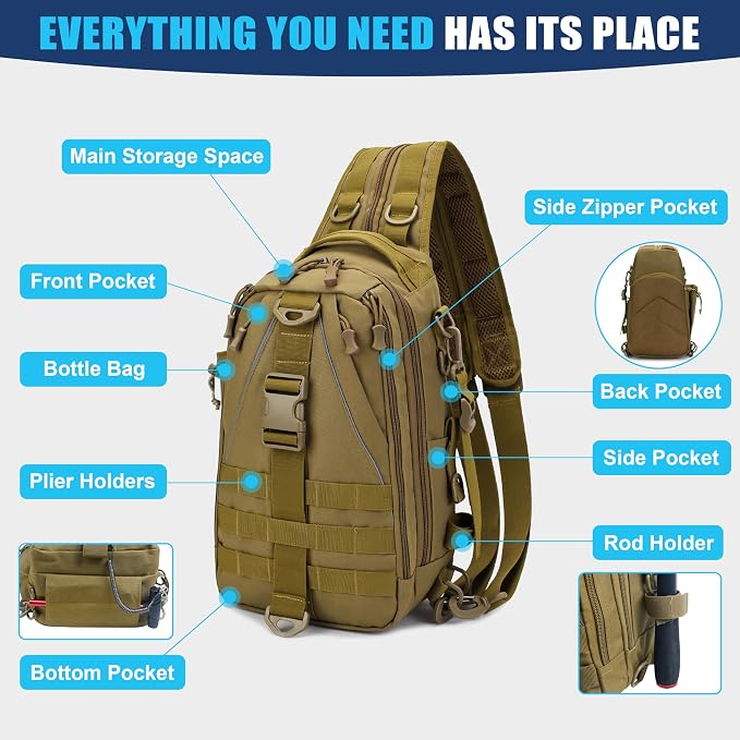 OROOTL Fishing Backpack Tackle Bag with Rod Holder Waterproof Fishing Sling Bag Storage Backpack Ideal Gifts for Men, Large