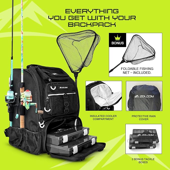 Waterproof Fishing Backpack with Tackle Boxes, Rod Holder & Foldable Net - 45L Fishing Tackle Bag with Trays Included, Extra Storage Gear and Equipment, Rain Cover, Fisherman Gift for Men