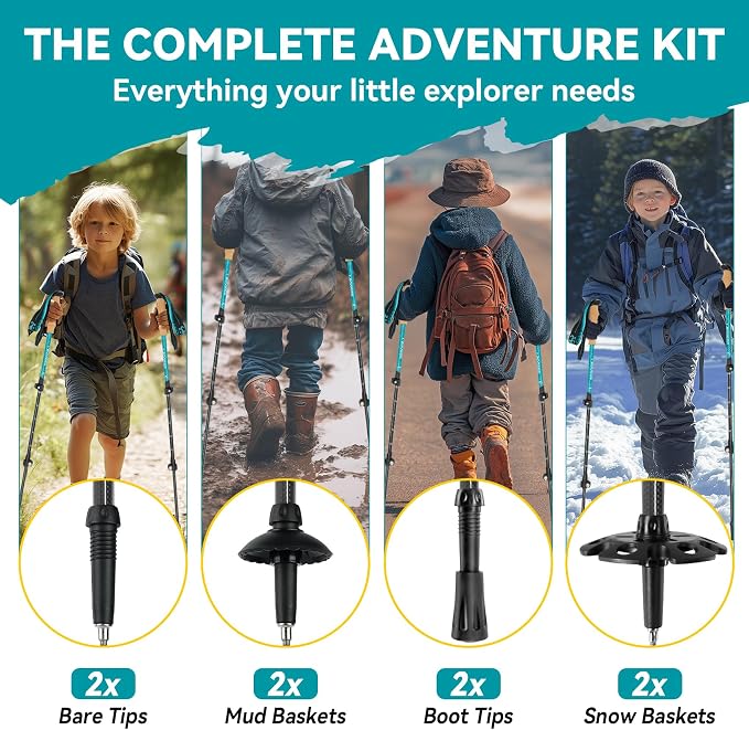 Carbon Fiber Kids Hiking Poles - Lightweight Adjustable Hiking Stick and Trekking Poles for Children, 1 Pair Collapsible Kids Walking Stick with Cork Grips for Hiking and Skiing