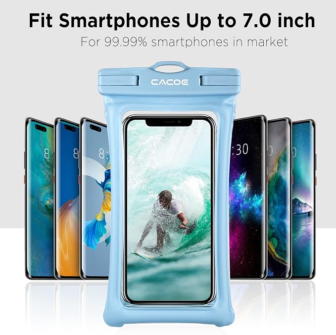 CACOE [Floatable] Floating Universal Waterproof Phone Case 2 Pack-Up to 7.0",Phone Pouch with Adjustable Neck Lanyard,IPX8 Cellphone Dry Bags for Vacation Water Activities（Black+Light Blue）