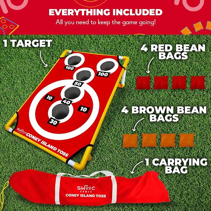 Swooc Games - Coney Island Toss™ - Arcade Style Cornhole Board Set w/Carrying Case & 15+ Games - Corn Hole Games for Adults - Kids Bean Bag Toss Game - Kids Cornhole Set w/Bags - Outdoor Yard Games