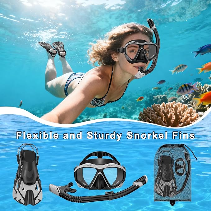 Snorkeling Gear for Adults, Mask Fin Snorkel Set, Dry Top Snorkel Mask, Panoramic View Anti-Leak Anti-Fog 3 in 1 Snorkeling Kit Travel Diving Package with Storage Bag