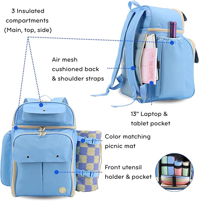 J World Picnic Backpack Cooler for 4. Insulated Picnic Basket Set with Folding Waterproof Blanket. Beach Camping Wedding Engagement Gift for Couples, Sky Blue