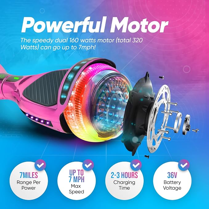 6.5” Hoverboard for Kids Ages 6-12, Bluetooth Hoover Board with Tunnel Light Style Wheels & Non-Slip Footpads, UL2272 Safety Certified