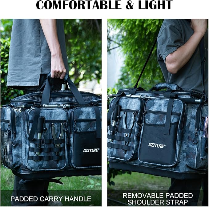 Goture Large Tackle Bag,Store Up to 8PCS 3700 Plus 4PCS 3600 Tackle Trays(Not Included),Water Resistant Saltwater Gear Storage Big Fishing Bag with EVA Bottom,Gifts for Men(21.65"x11.8"x15.16")