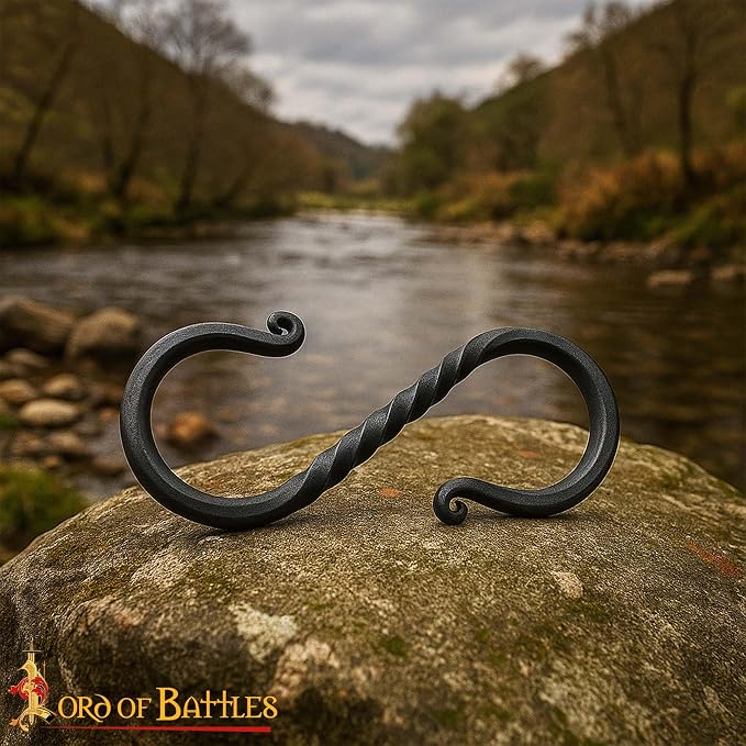 Lord of Battles Twisted Hand Forged Iron S-Hooks Set of 10 - Medieval Rustic Twisted Black S-Shaped Heavy Duty Hanging Hooks for Kitchen, Camping, Garden & Home