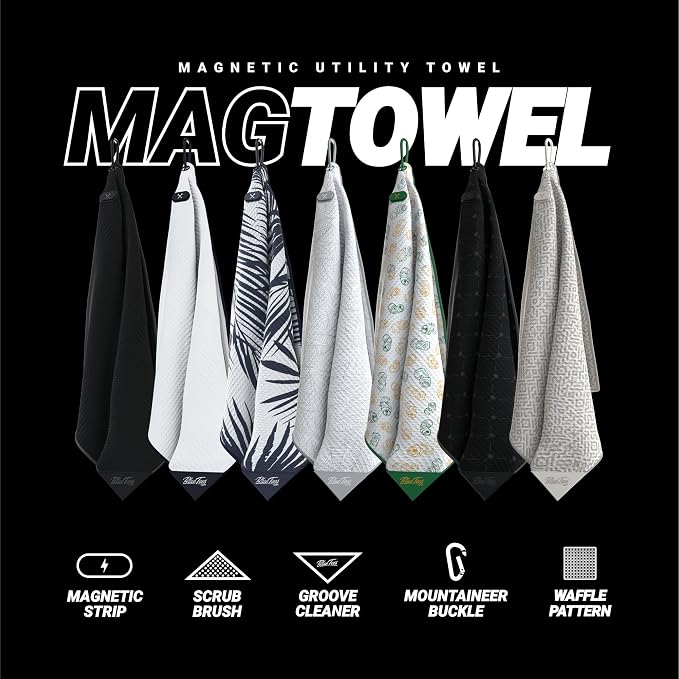 Blue Tees Golf Premium Magnetic Towel - Super Strong Magnet - Microfiber Waffle Design - Silicone Brush - Groove Cleaner - Bag Buckle