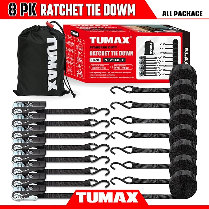 Ratchet Straps, 900 LB Break Strength, 8-Pack 10FT Ratchet Tie Down Straps Set for Motorcycle Straps Tie Downs, Appliances, Lawn Equipment, Logistic Cargo Straps for Trucks (Black)