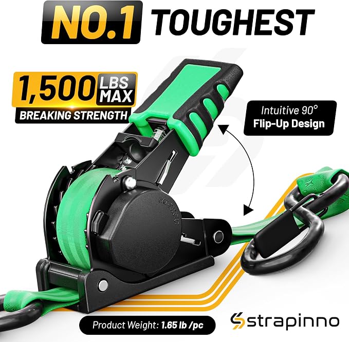 Strapinno Retractable Ratchet Straps (4-Pack), 1 in x 10 ft, 1,500LBS Break Strength, Most Durable Straps and Core, Auto Self Retracting Tie Downs for Truck, Moving, Motorcycle, Bike, Jetski, Kayak