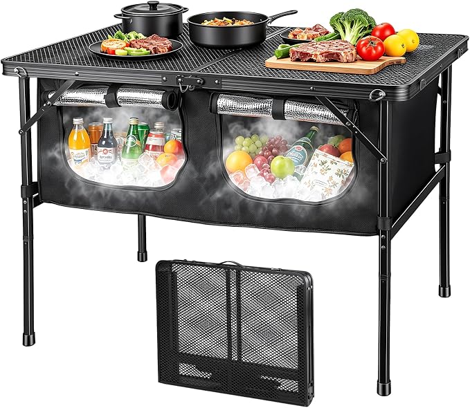 Camping Table with Storage, Folding Camp Kitchen Table with Insulated Cooler Bag, 35.4" x 23.6" Height Adjustable Lightweight Aluminum Outdoor Table for BBQ, Picnic, RV, Tailgating