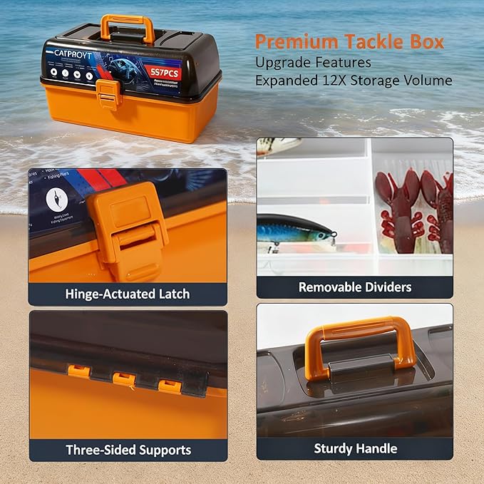 557Pcs Large 4-Tray Tackle Box with Tackle Included - Professional Fishing Gear Kit with Fish Gripper, Pliers, Hook Remover - Bass Fishing Lures Set, Gift for Men Kids