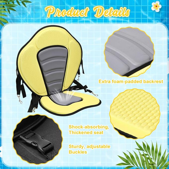 Vinsot Kayak Seat Cushion Universal Paddle Board Seat with Back Support Adjustable Non Slip Boat Chair Seats with 4 Straps and Storage Bag for Kayak Boat Sup Canoe