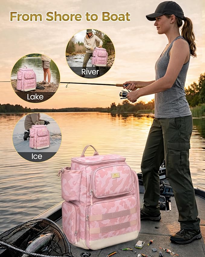 MATEIN Pro Fishing Backpack with 4 Tackle Boxes, 3600 Tackle Box Backpack | Fishing Bag with Rod Holder, Tackle Backpack with Large Side Gear Storage & Insulated Cooler Compartment, Fishing Gifts