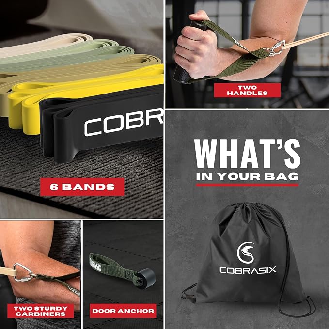 COBRASIX Long Resistance Bands for Working Out | Set of 6 Exercise Bands for Full-Body Training | Pull Up Bands for Home Gym with Handles, Door Anchor and Bar Options | for Men & Women