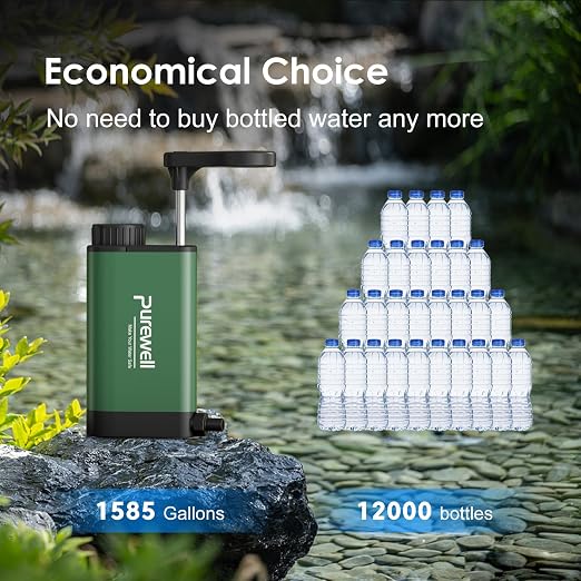 Purewell Stainless Steel Water Filter Pump with Replaceable Carbon 0.01 Micron Water Filter, 3 Filter Stages, Portable Outdoor Emergency and Survival Gear - Camping, Hiking, Backpacking(Green)