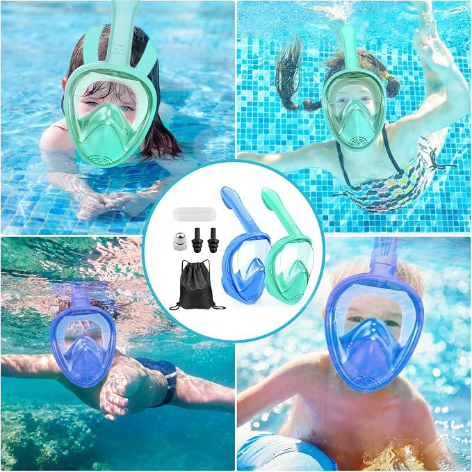 Kids Snorkel Mask Full Face, Snorkeling Gear for Kids with Camera Mount, 180 Degree Panoramic View Snorkeling Set Anti-Fog Anti-Leak