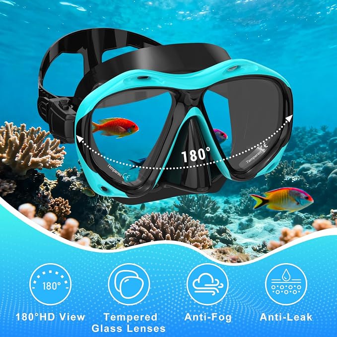 Snorkeling Gear for Adults, Mask Fin Snorkel Set, Dry Top Snorkel Mask, Panoramic View Anti-Leak Anti-Fog 3 in 1 Snorkeling Kit Travel Diving Package with Storage Bag