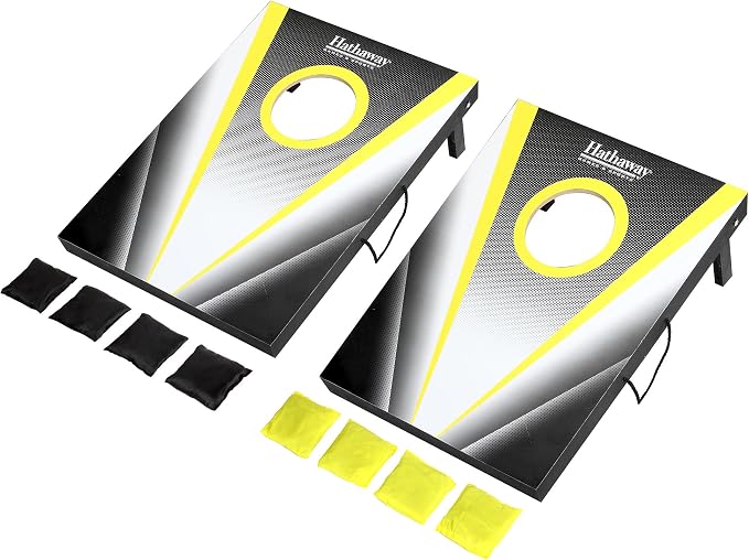 Hathaway Compact Cornhole Bean Bag Toss Game Set – Includes 2 Target Boards, 8 Bean Bags in Black and Yellow, and Carrying Case – Portable Cornhole Board Set for Outdoor Games