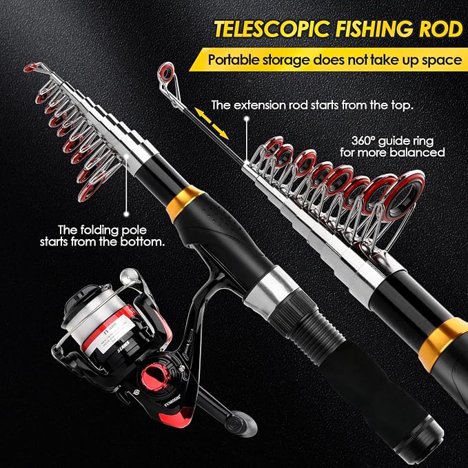 2-Pack 6.89FT Collapsible Fishing Pole Reel Combo Compact Fishing Gear | Telescopic Spinning Rod Reel Combo Lures Tackle Box Accessories Lightweight Travel Fishing Tool Set for Fishermen Gift