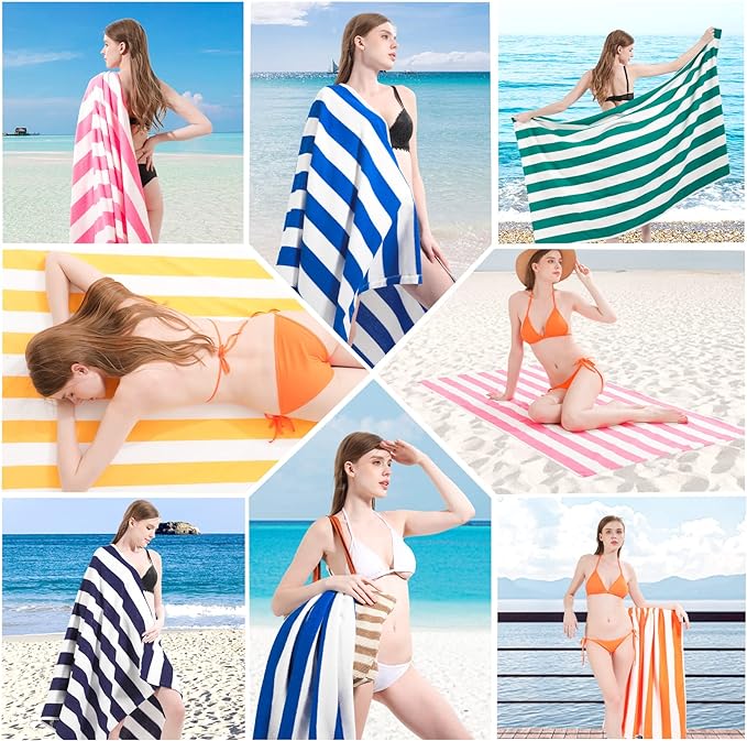 6 Packs Stripe Beach Towel Thin Terry Set XL Big Extra Large Oversized Accessories Essentials Soft Super Absorbent Clearance Pool Swim Camping Travel Bath Towels Bulk Men Women Adults Gift Green