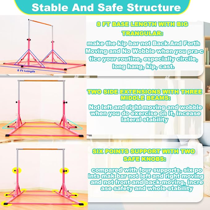 Marfula Gymnastic Bar For Kid and Teenage of 3-25, 5Ft/8 FT Base Length 4Ft Width 5Ft Adjust Height, Gymnastic Kip Bar For Gymnast, Gymnastic Training Equipment For Professional Training Home Club Use