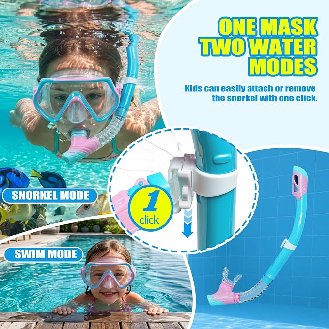 DRMAWIN Snorkeling Gear for Adults & Kids, Dry-Top Snorkel Set with 180° Tempered Glass Mask, Anti-Fog Anti-Leak, Travel Mesh Gear Bag