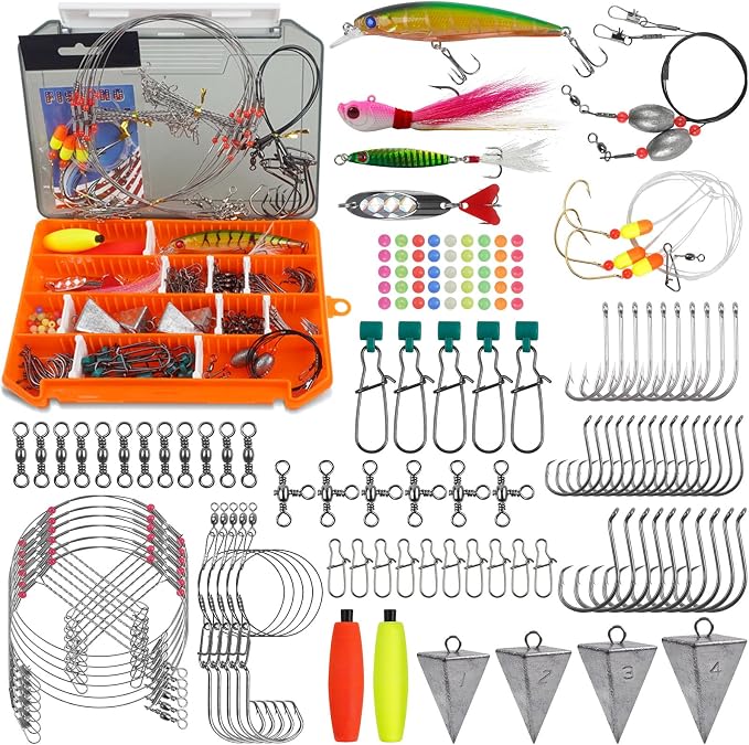 Saltwater Gear Surf Fishing Tackle Kit, Include Saltwater Lures, Pyramid Sinker Weights, Bucktail Jigs, Spoons, Leader Rigs, Catfish Hooks Swivels, Pier Ocean Sea Surf Fishing Freshwater Accessories
