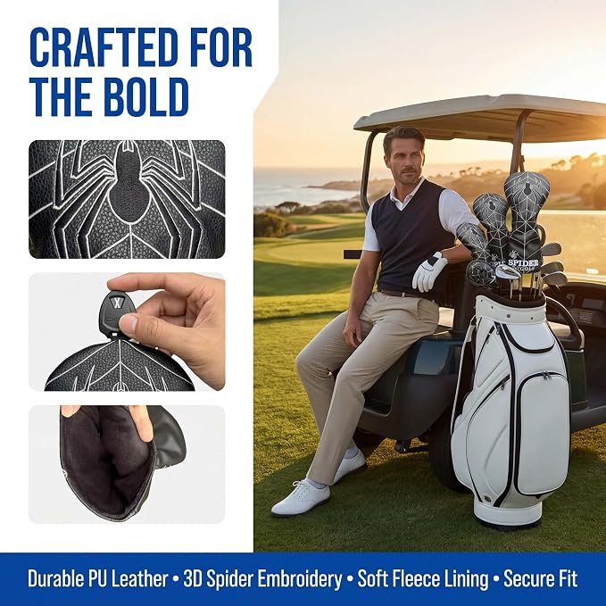 Vesperlux Spider Golf Headcovers Driver Wood Hybrid Iron | Waterproof Leather, Magnetic Putter Cover, Anti-Slip Fit, Full Protection, Durable, Fits Alignment Stick, Men's Golf Gift