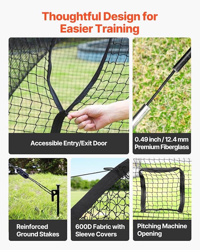 VEVOR Baseball Batting Cage,Professional Softball Baseball Batting Hitting Training Net,Heavy Duty Enclosed PE Practice Portable Pitching Cage Net&Carry Bag,for Backyard,Field,Indoor&Outdoor