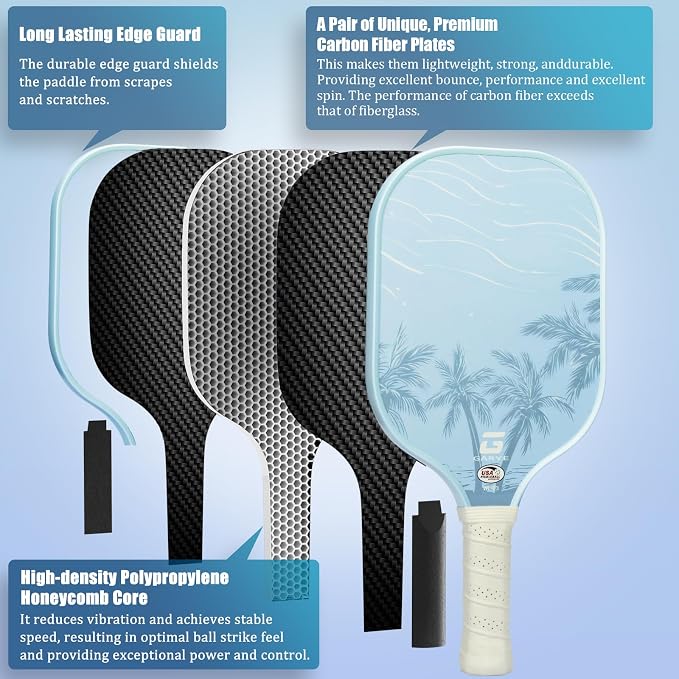 GARYE Pickleball Paddles Set of 2 or 4, USAPA Approved Carbon Fiber Pickleball Set, Lightweight Pickle Ball Rackets 2 Pack with 6 Balls, 1 Bag, Pair of Grip Tapes, Pickle Ball Paddle for Men and Women