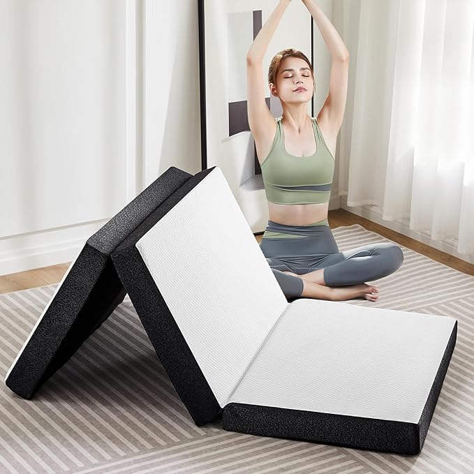 Tri-Fold Queen Memory Foam Pads, 3 inch Folding Topper with Washable Cover, Portable Non-Slip Guest Floor Bed for Camping Travel – Ideal for Overnight Guests, RV, and Outdoor Adventures