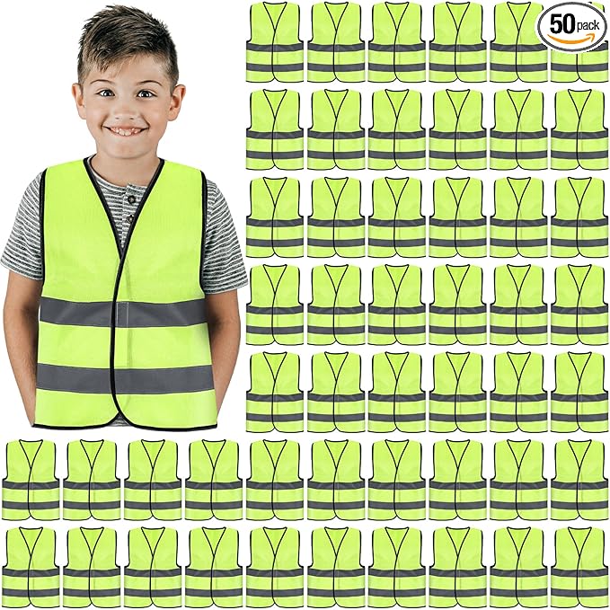 Zhanmai 50 Pcs Kids Safety Vest Bulk High Visibility Reflective Construction Vest with Strips Neon for Traffic Child Outdoor (Yellow)