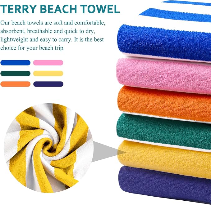 Genovega 6 Packs Stripe Beach Towel Thin Terry Set XL Big Extra Large Oversized Accessories Essentials Soft Super Clearance Pool Swim Camping Travel Bath Towels Bulk Men Women Adults Gift Yellow